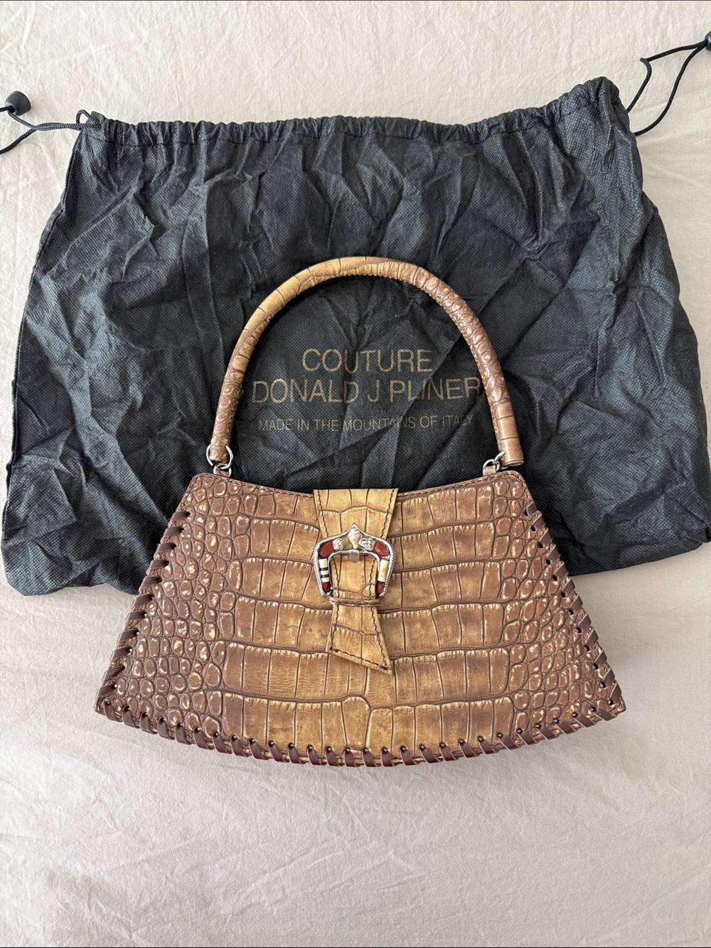 Vintage Donald J. Pliner Couture Brown  Croc-Embossed Leather Mini Handle Bag